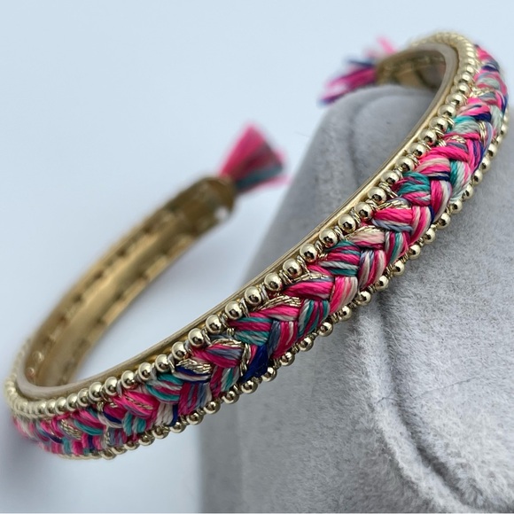 Cute Stella & Dot Pink Braided Tassel Gold-Tone Cuff Bracelet - Picture 4 of 8
